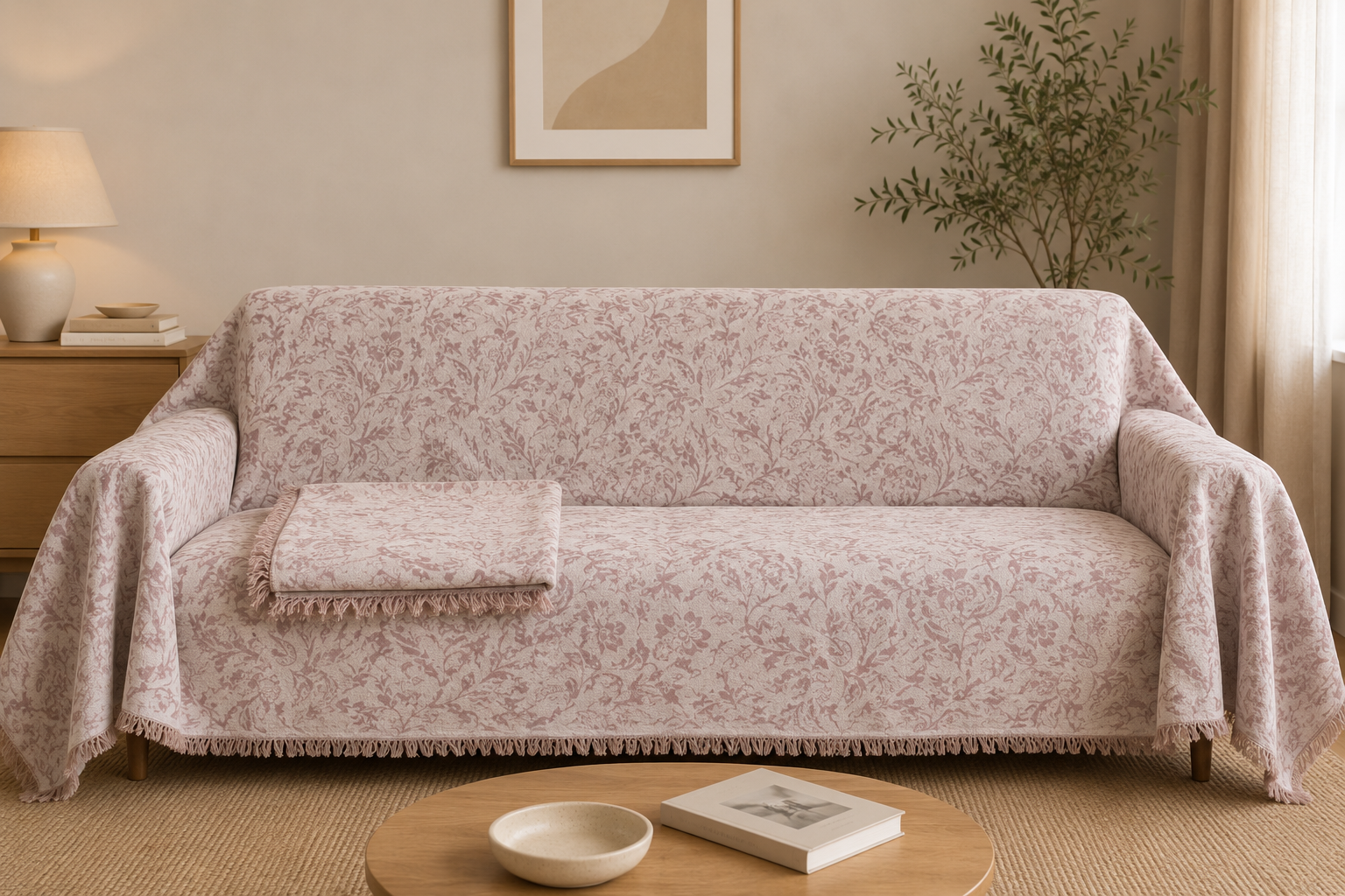1000066685 Ριχτάρι σετ 3 τεμαχίων Leaves Pink- Borea Home Textiles - Image 1